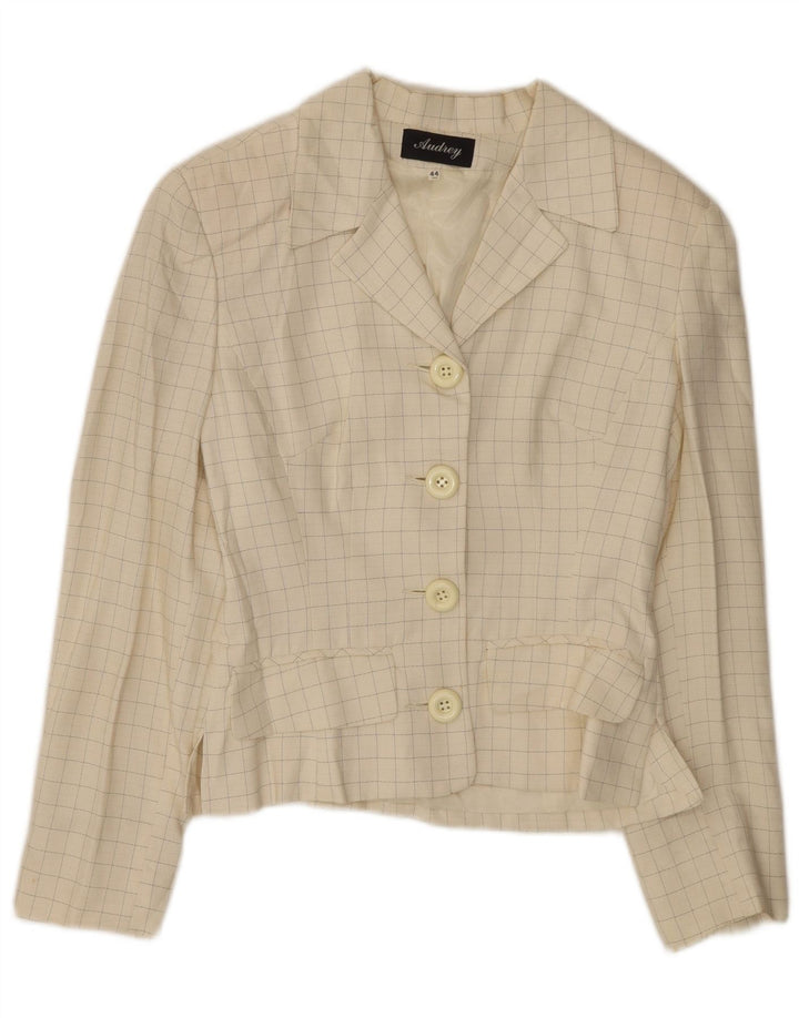 Vintage Damen 4-Knopf-Blazerjacke IT 44 Medium Off White Check Viscose