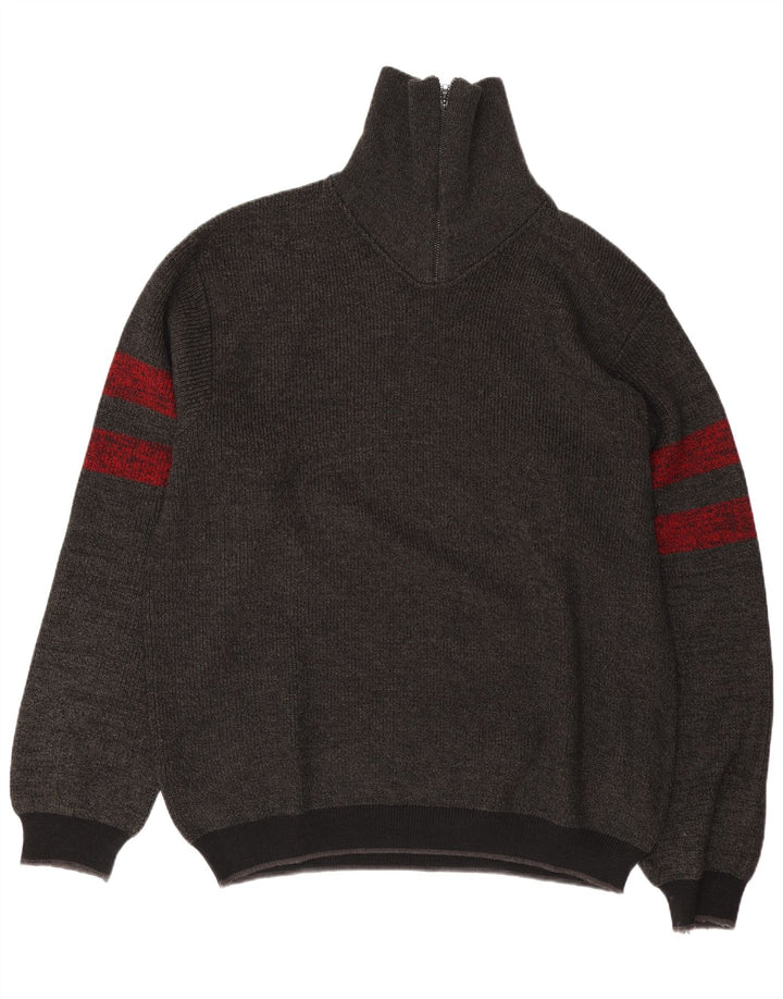 Vintage Herren-Pullover mit Reißverschluss, groß, grau gestreift, Schurwolle
