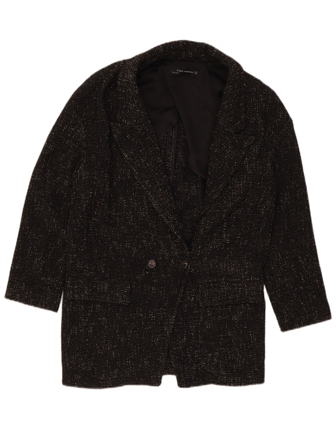 Zara Damen Übergroßer zweireihiger Mantel UK 6 XS Schwarz Polyester