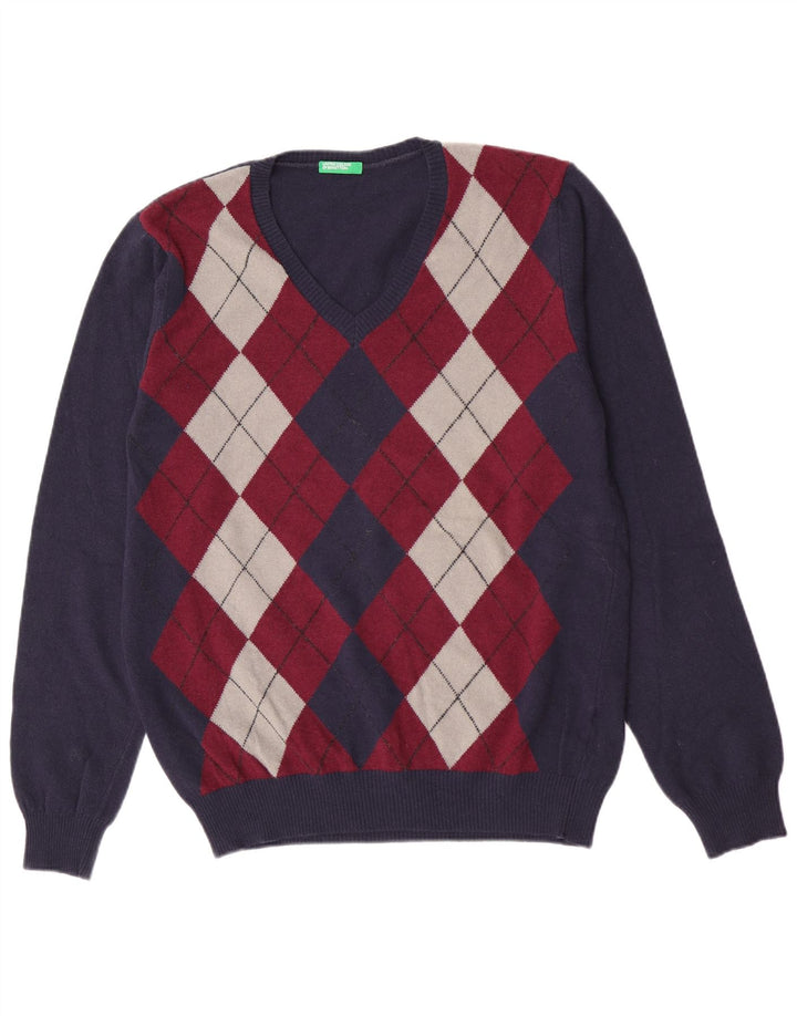 Benetton Herren-Pullover mit V-Ausschnitt, groß, marineblau, Argyle-/Diamant-Wolle
