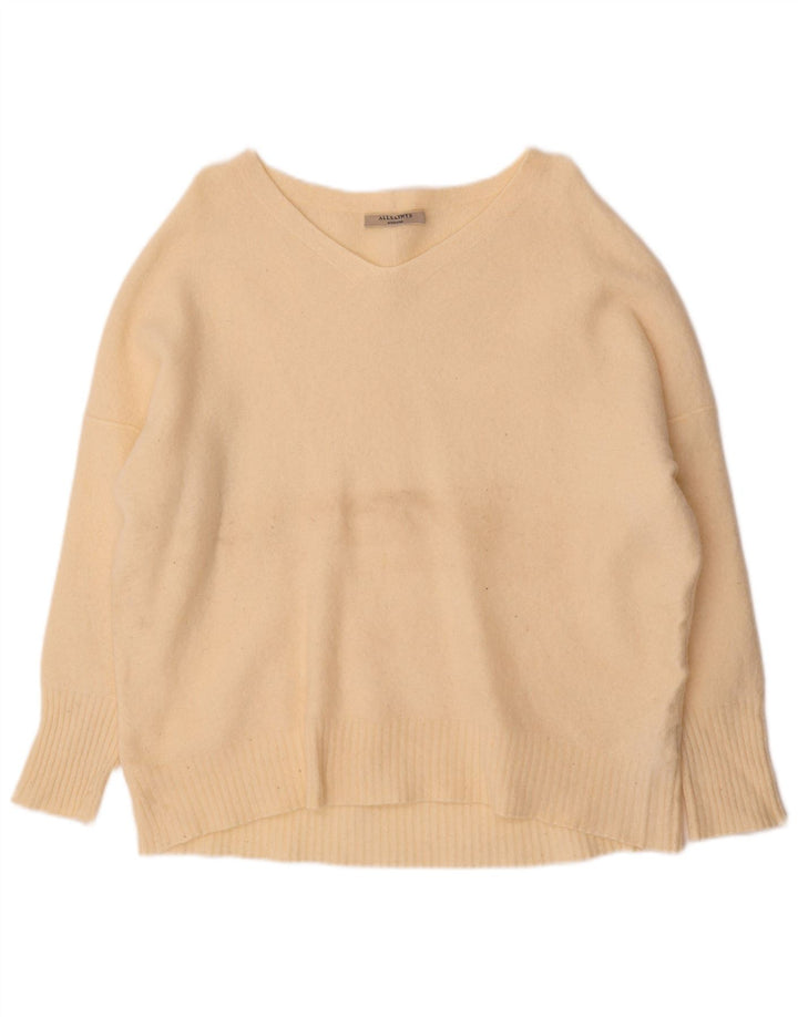 All Saints Damen-Pullover, übergroß, V-Ausschnitt, UK 14, mittelbeige Wolle