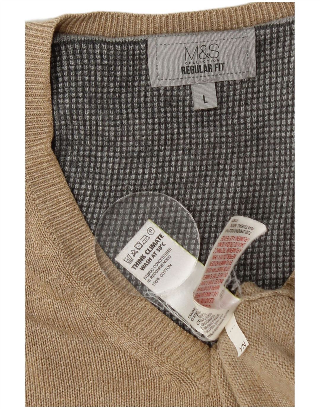 Marks & Spencer Herren-Pullover, reguläre Passform, V-Ausschnitt, groß, beige Baumwolle