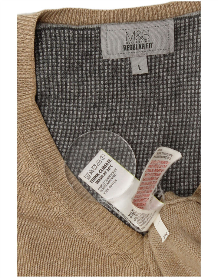Marks & Spencer Herren-Pullover, reguläre Passform, V-Ausschnitt, groß, beige Baumwolle
