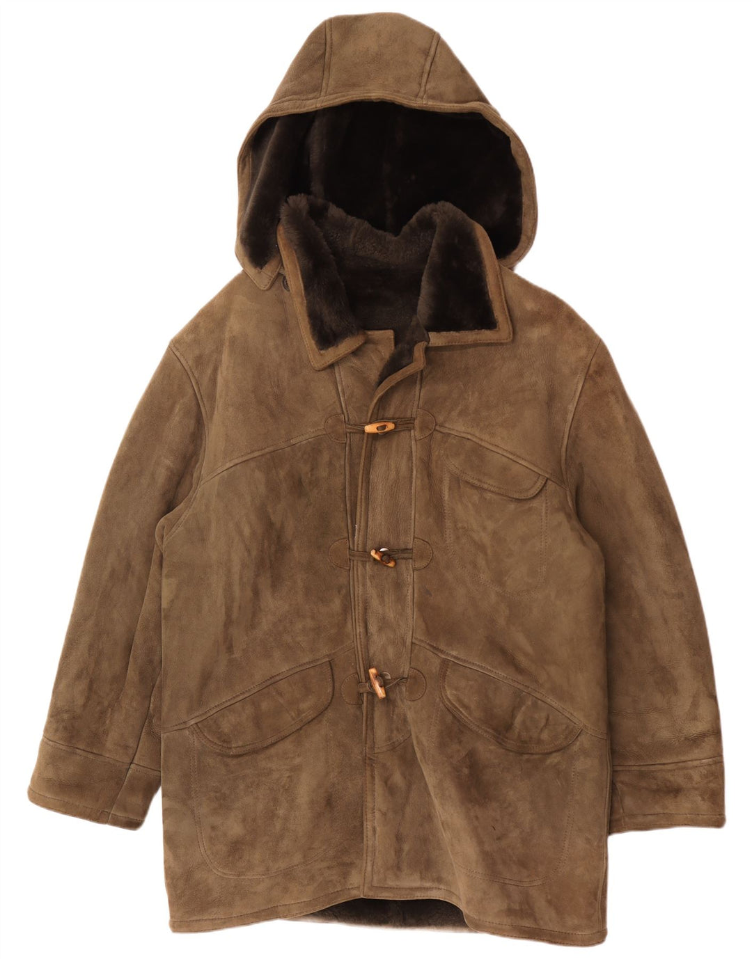 Vintage Herren Kapuzen-Shearling-Mantel IT 54 2XL Khaki