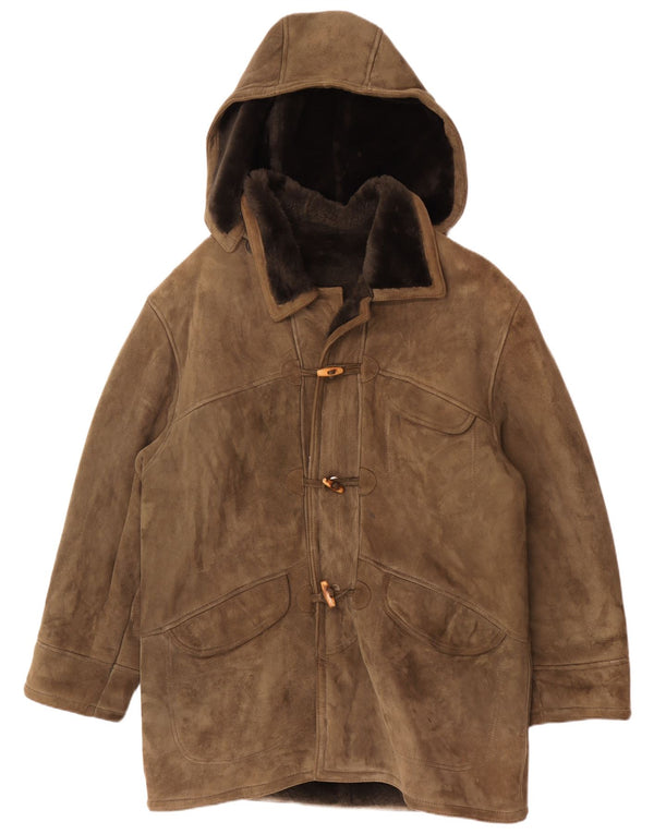 Vintage Herren Kapuzen-Shearling-Mantel IT 54 2XL Khaki