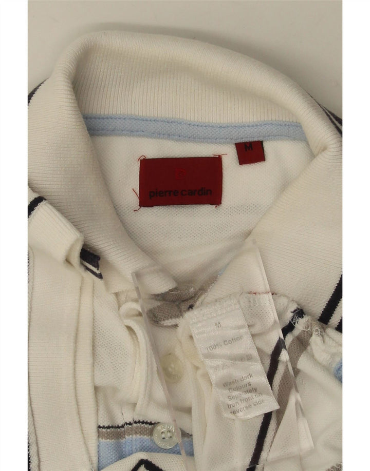 PIERRE CARDIN Mens Polo Shirt Medium White Striped Cotton