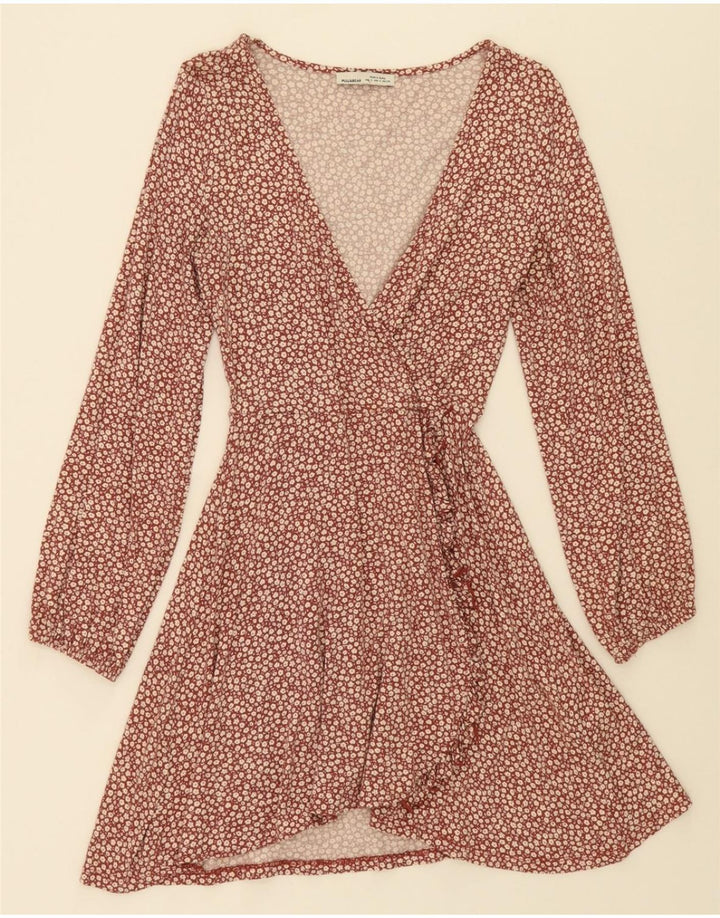 PULL & BEAR Womens Long Sleeve A-Line Dress UK 8 Small Burgundy Floral Vintage Pull & Bear and Second-Hand Pull & Bear from Messina Hembry 