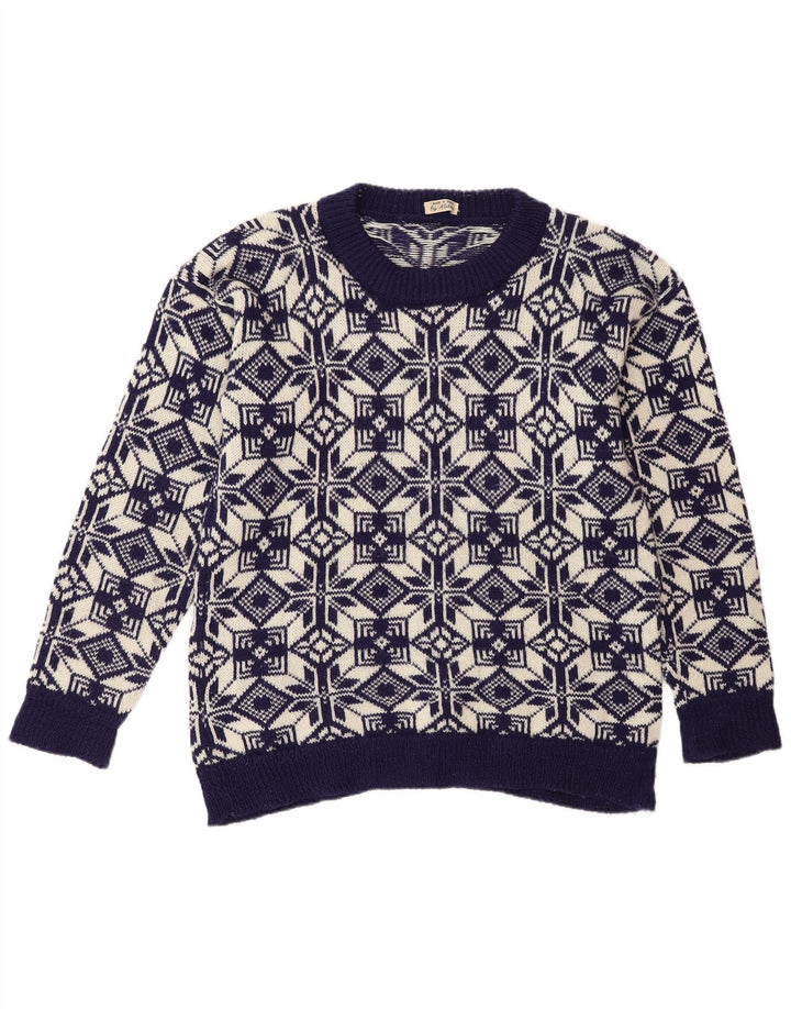 Vintage Herren-Pullover mit Rundhalsausschnitt, mittelgroß, Marineblau, Fair Isle