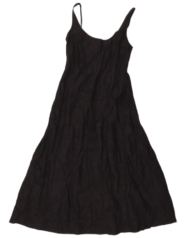 Jaeger Damen Ärmelloses Maxikleid UK 12 Mittelschwarzes, geblümtes Leinen
