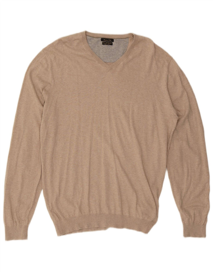 Massimo Dutti Herren-Pullover mit V-Ausschnitt, groß, beige Baumwolle