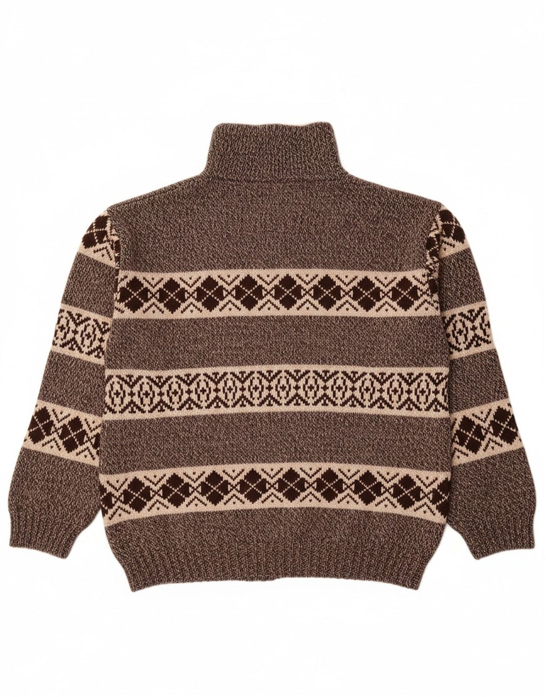 CAMARGUE Mens Zip Neck Jumper Sweater Large Brown Fair Isle Polyacrylic