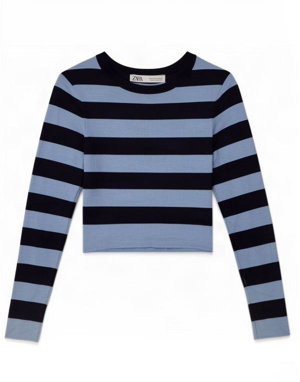 Zara Damen Crop Top Langarm UK 12 Mittel Marineblau gestreift