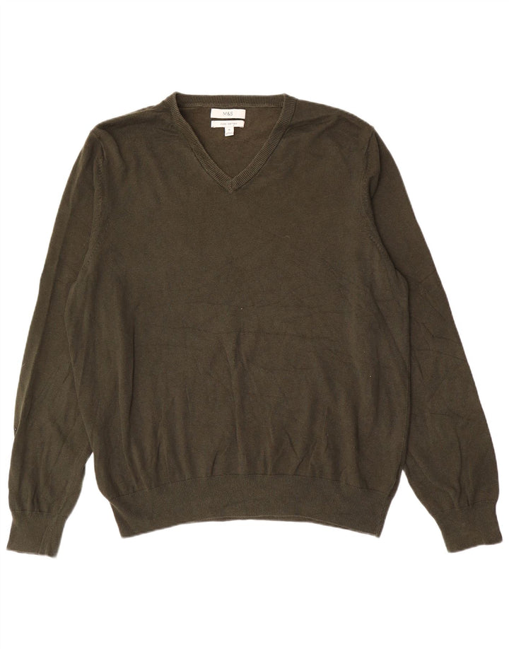 Marks & Spencer Herren-Pullover mit V-Ausschnitt, XL, Khaki, Baumwolle
