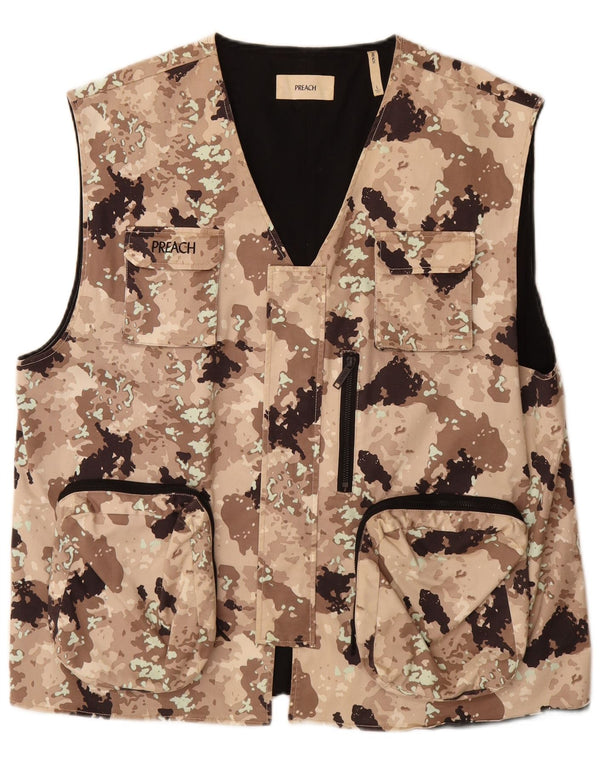 VINTAGE Herren Utility Gilet UK 40 Große Beige Camouflage Baumwolle