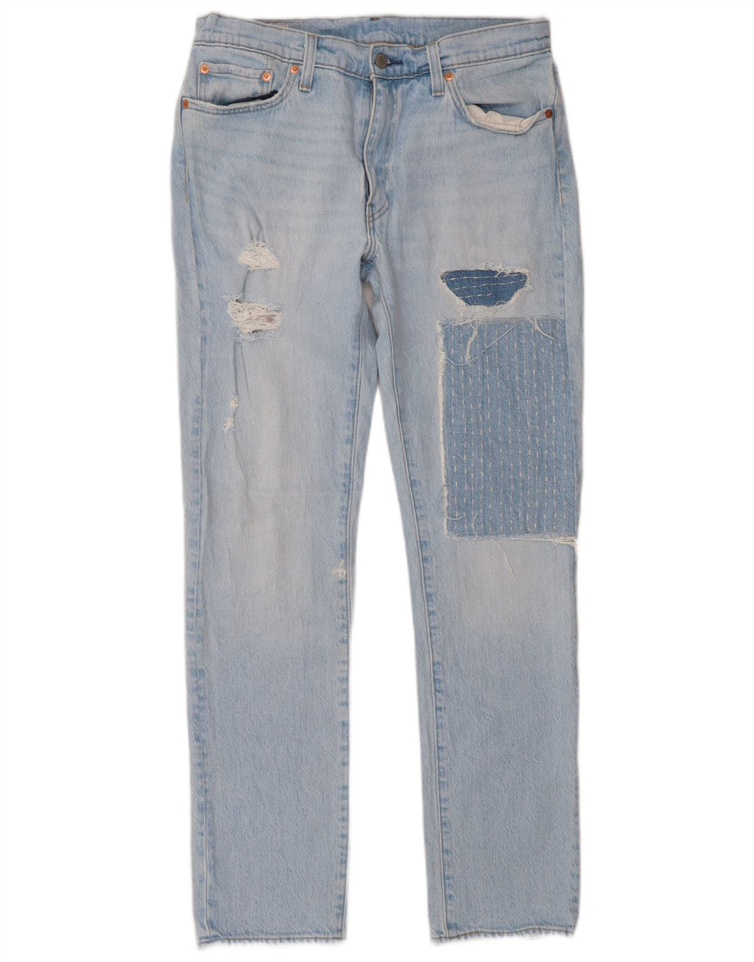 Levi's Damen 511 Distressed Slim Jeans W33 L32 Blaue Patchwork-Baumwolle