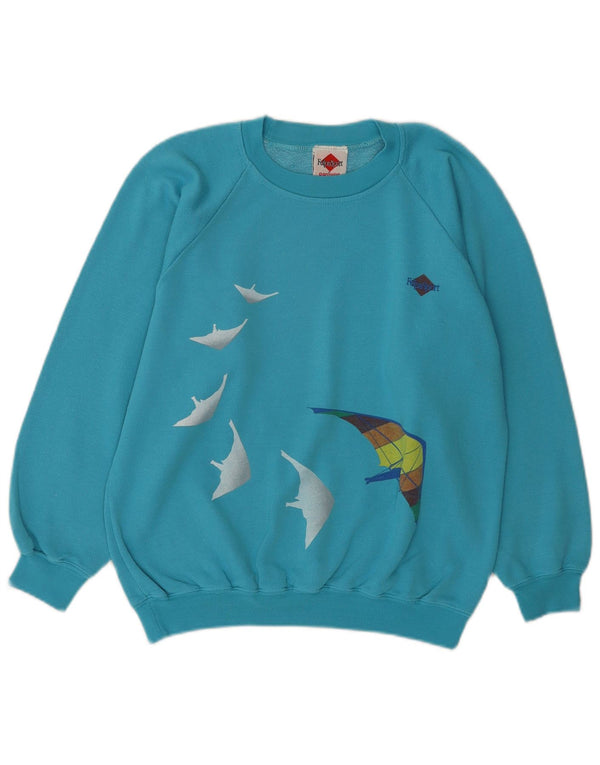 Vintage Damen Grafik Sweatshirt Pullover UK 14 Mittelblaue Baumwolle