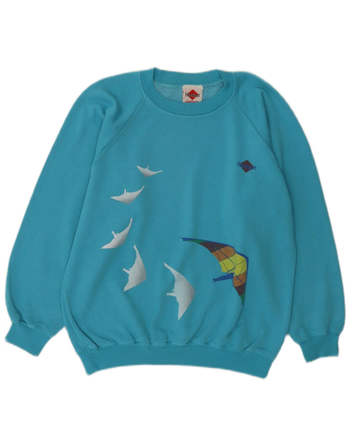Vintage Damen Grafik Sweatshirt Pullover UK 14 Mittelblaue Baumwolle