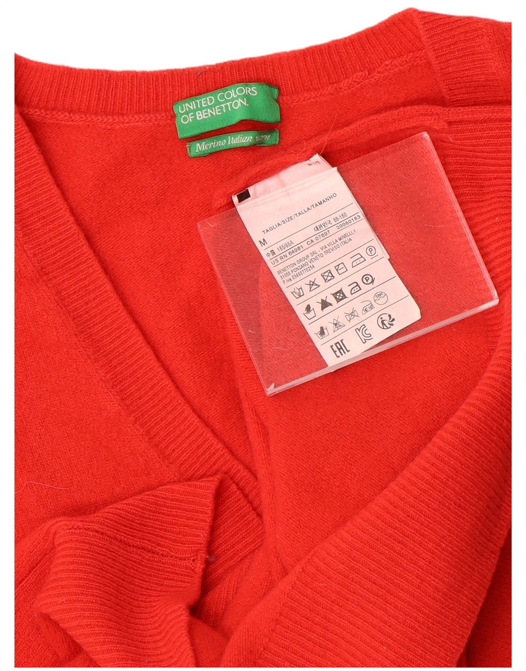 Benetton Damen-Pullover mit V-Ausschnitt, UK 12, mittelrote Wolle