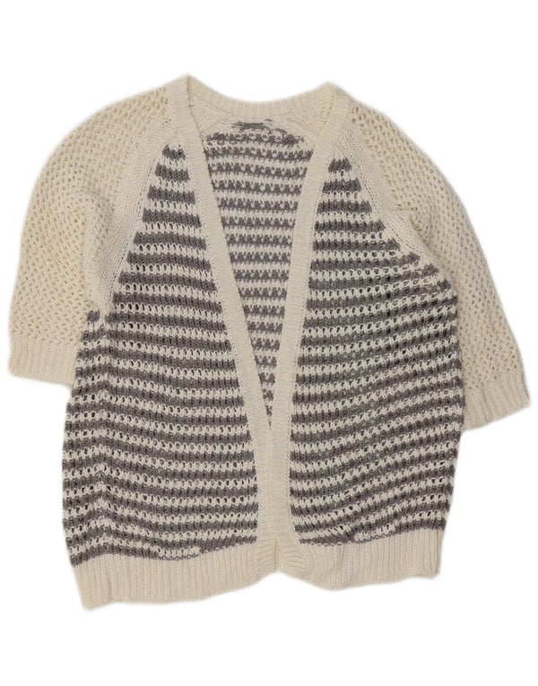 Vintage Damen 3/4-Ärmel-Cardigan-Pullover UK 14 Mittelgrau gestreift