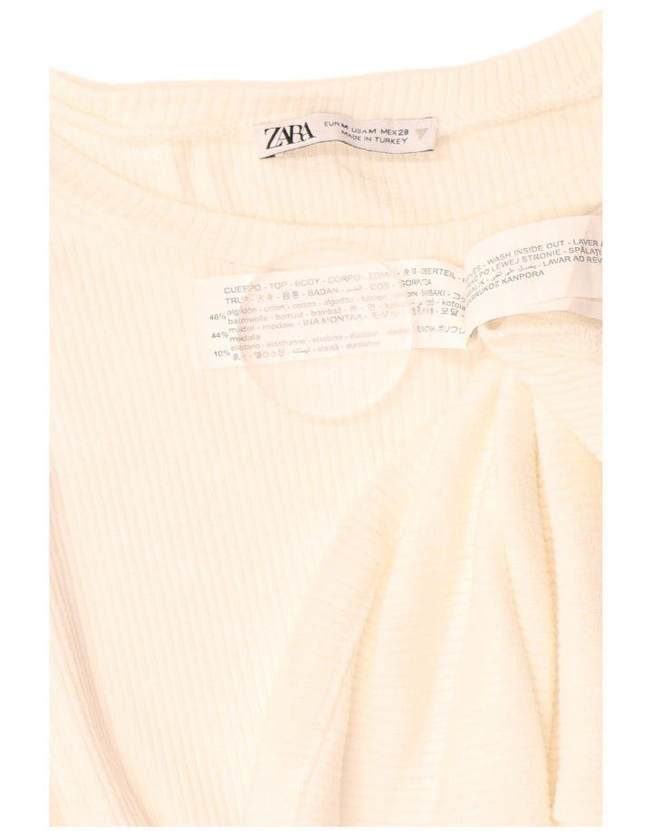 ZARA Damen Crop Langarmbluse Top UK 12 Mittelweiß Nadelstreifen