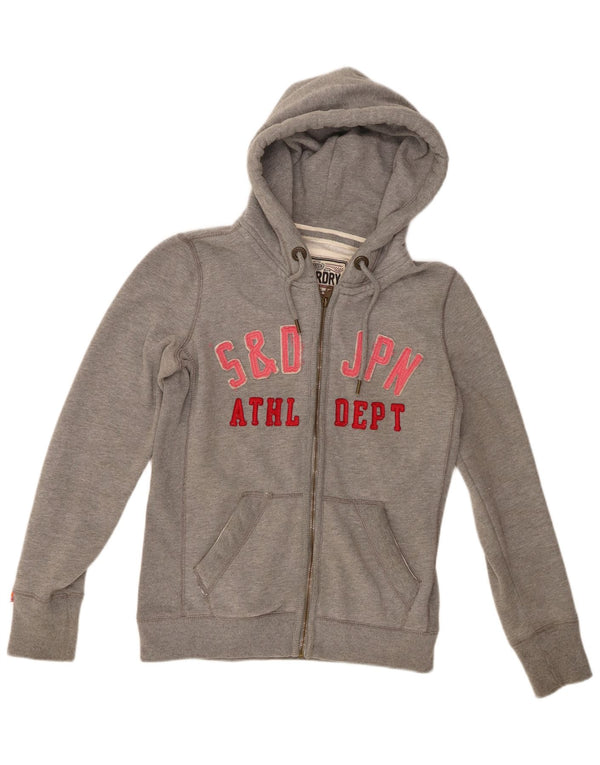 Superdry Damen-Kapuzenpullover mit grafischem Reißverschluss, UK 12, mittelgraue Baumwolle