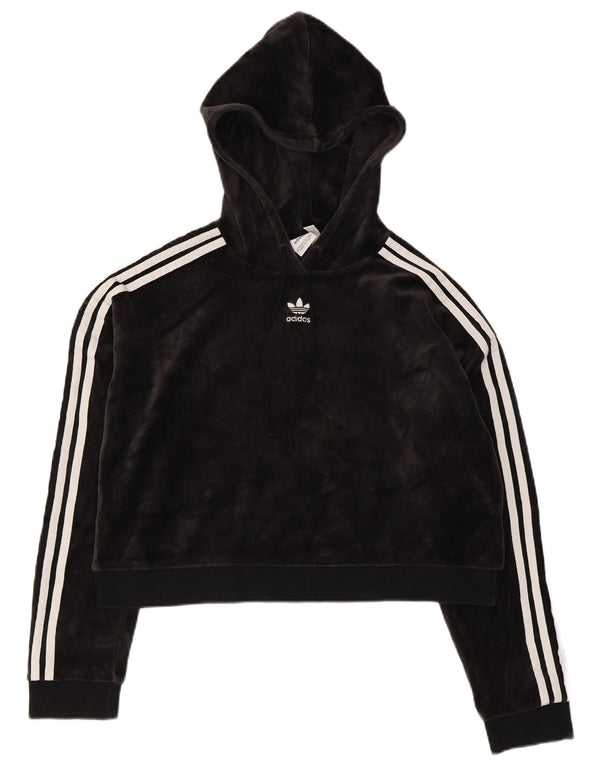 Adidas Damen Übergroßer Crop Velvet Hoodie Pullover UK 8 Small Schwarze Baumwolle