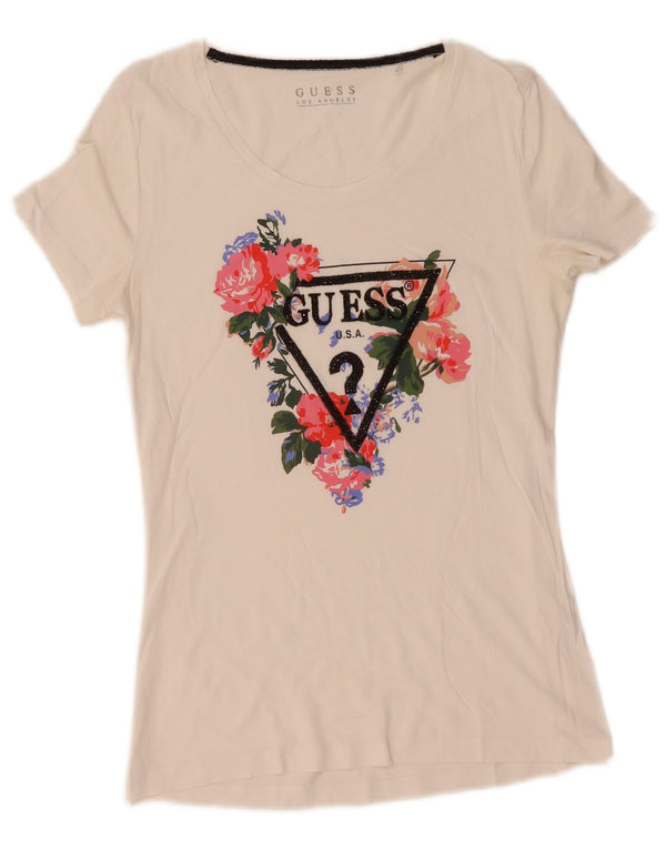 Guess Damen Grafik-T-Shirt-Oberteil UK 12 Medium Weiß