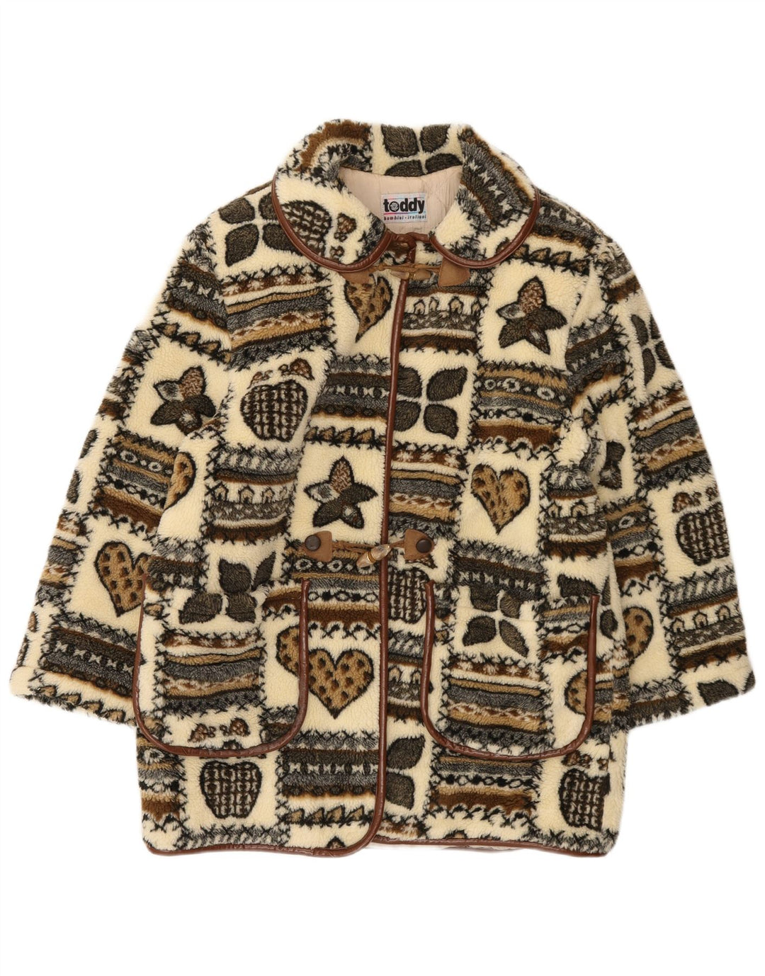Vintage Damen Grafik Fleece Dufflecoat UK 14 Large Beige Patchwork