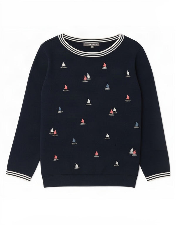 Laura Ashley Damen-Pullover mit grafischem U-Boot-Ausschnitt, Gr. 40, Marineblau