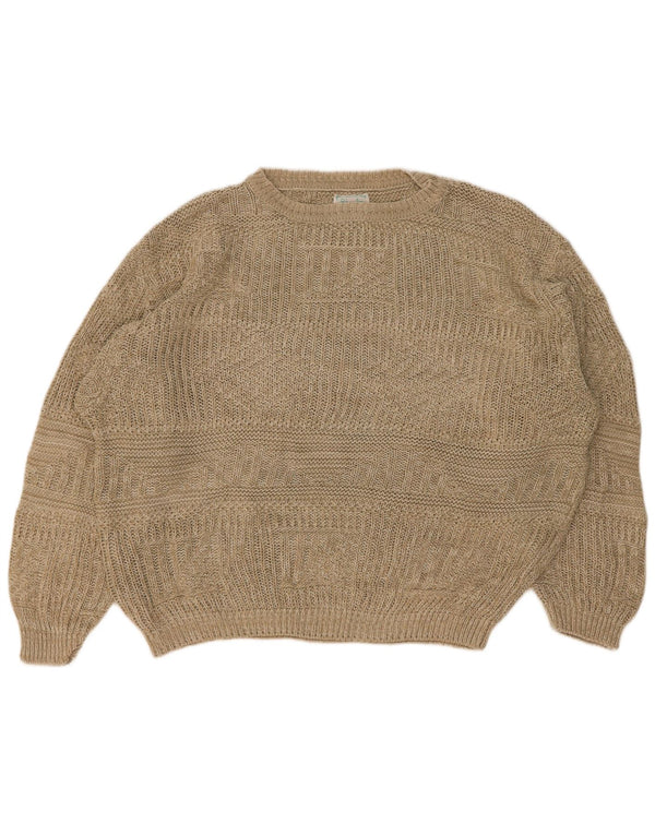 Benetton Herren-Pullover, lockere Passform, U-Boot-Ausschnitt, Größe 48, mittelbeige Baumwolle