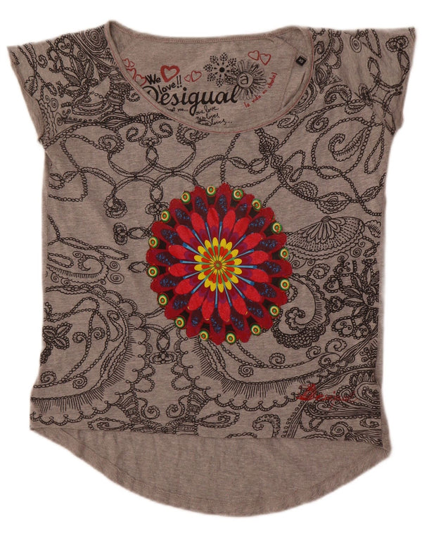 Desigual Damen Übergroßes Grafik-T-Shirt-Oberteil UK 6 XS Grau geblümte Baumwolle