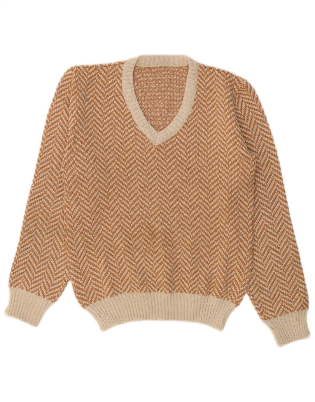 VINTAGE Herren-Pullover mit V-Ausschnitt, klein, beige, Fischgrätenmuster