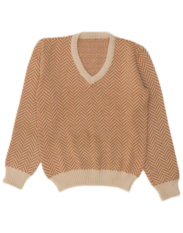 VINTAGE Herren-Pullover mit V-Ausschnitt, klein, beige, Fischgrätenmuster