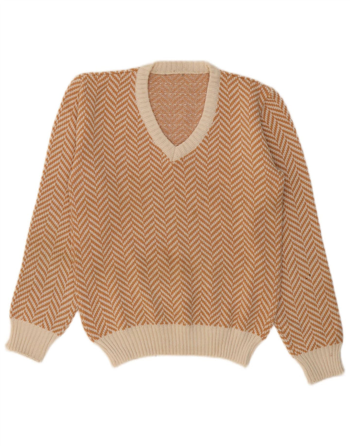 VINTAGE Herren-Pullover mit V-Ausschnitt, klein, beige, Fischgrätenmuster