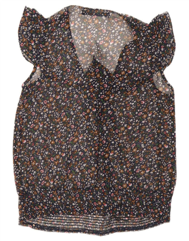 ZARA Womens Bow Tie Sleeveless See Through Top UK 10 Small Black Floral