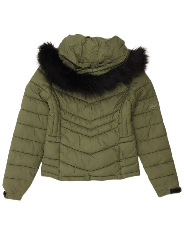 Superdry Wattierte Jacke mit Kapuze für Damen, UK 8, Small, grünes Nylon