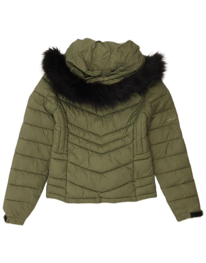 Superdry Wattierte Jacke mit Kapuze für Damen, UK 8, Small, grünes Nylon
