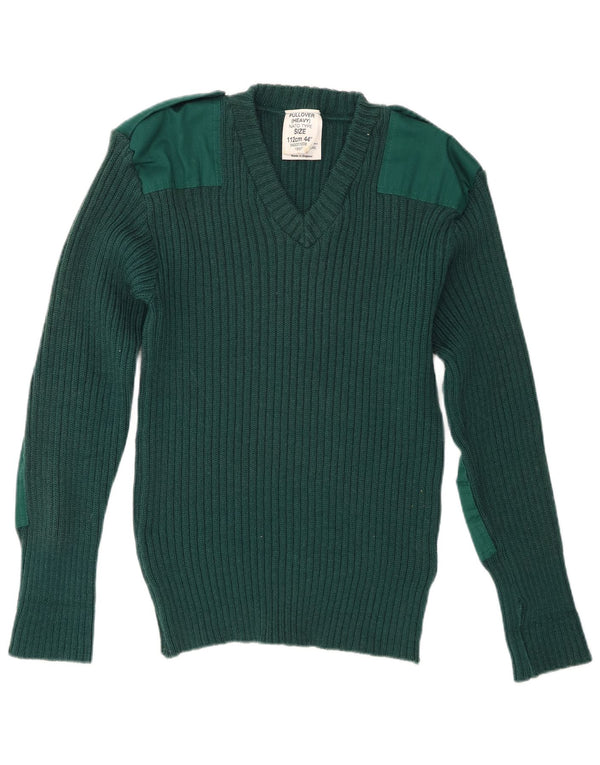 Vintage Herren Militär Pullover mit V-Ausschnitt Mittelgrüne Schurwolle