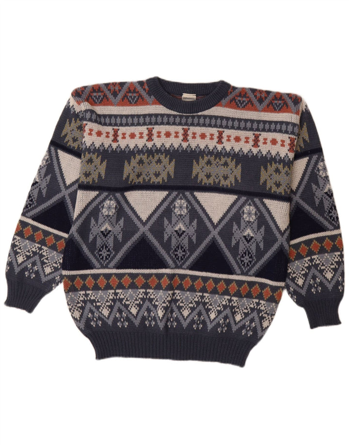 VINTAGE Herren-Pullover mit Rundhalsausschnitt, Größe 48/50, mittleres Marineblau, Fair Isle