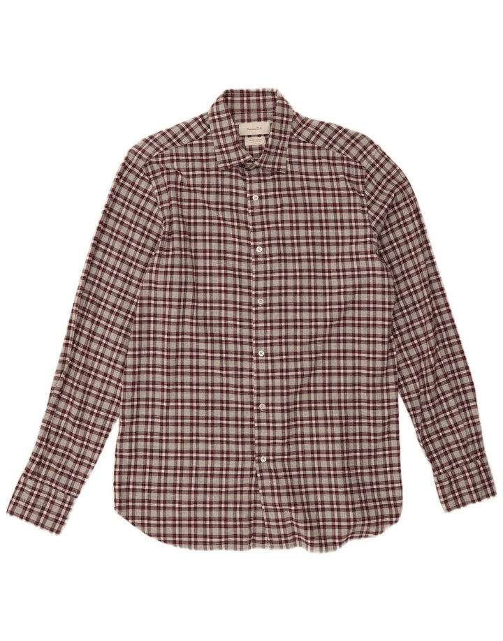 Massimo Dutti Herren-Flanellhemd, mittelgroß, Burgunderrot, kariert, Baumwolle