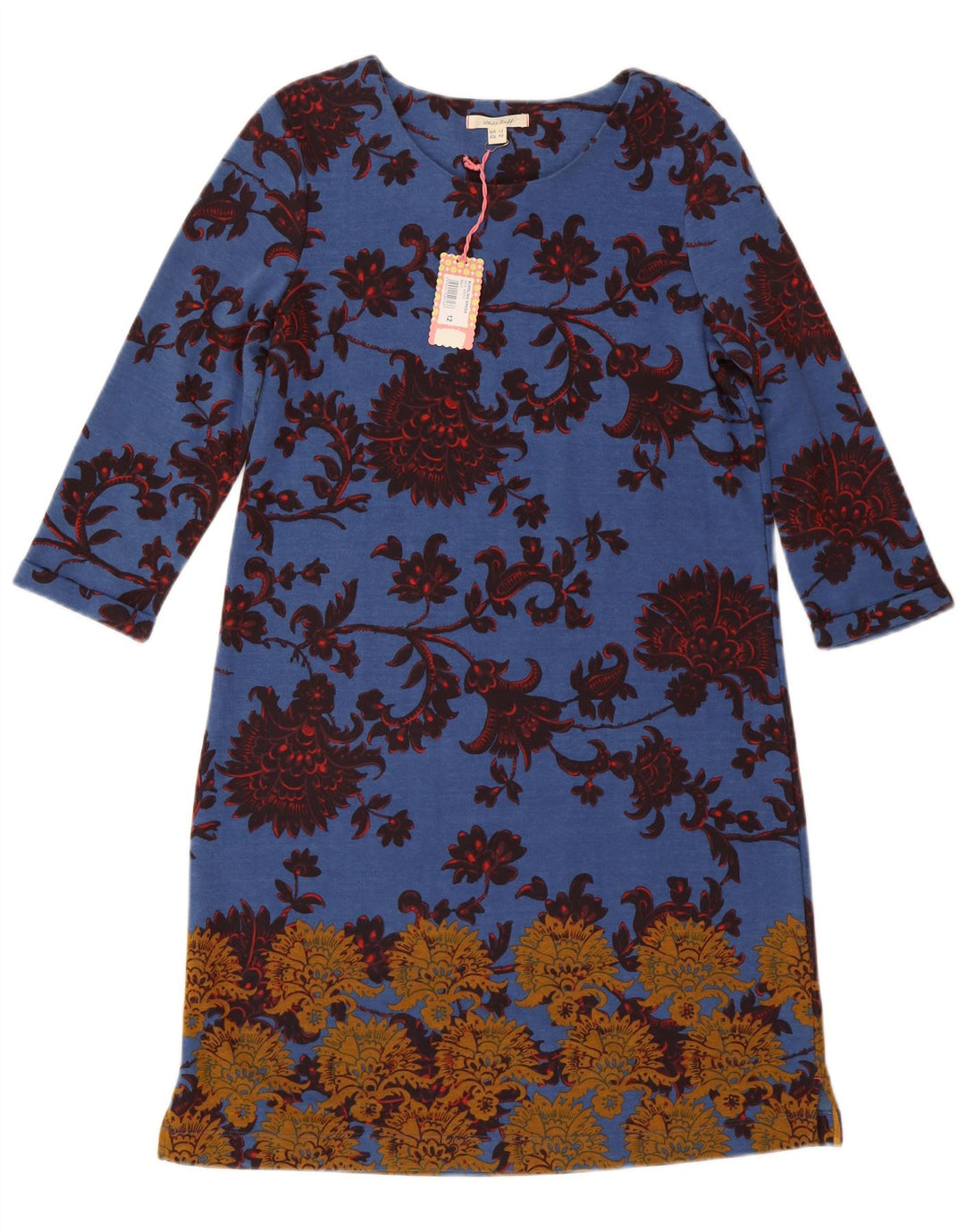 WHITE STUFF Damen-Etuikleid mit 3/4-Ärmeln, UK-Größe 12, Mittelblau mit Blumenmuster