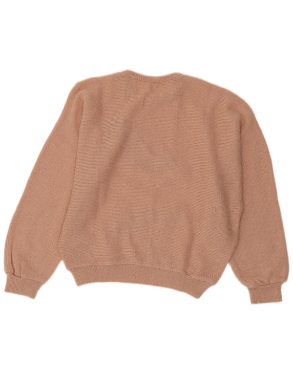 Vintage Damen Pullover mit grafischem Rundhalsausschnitt, UK 14, Mittelrosa, Acryl