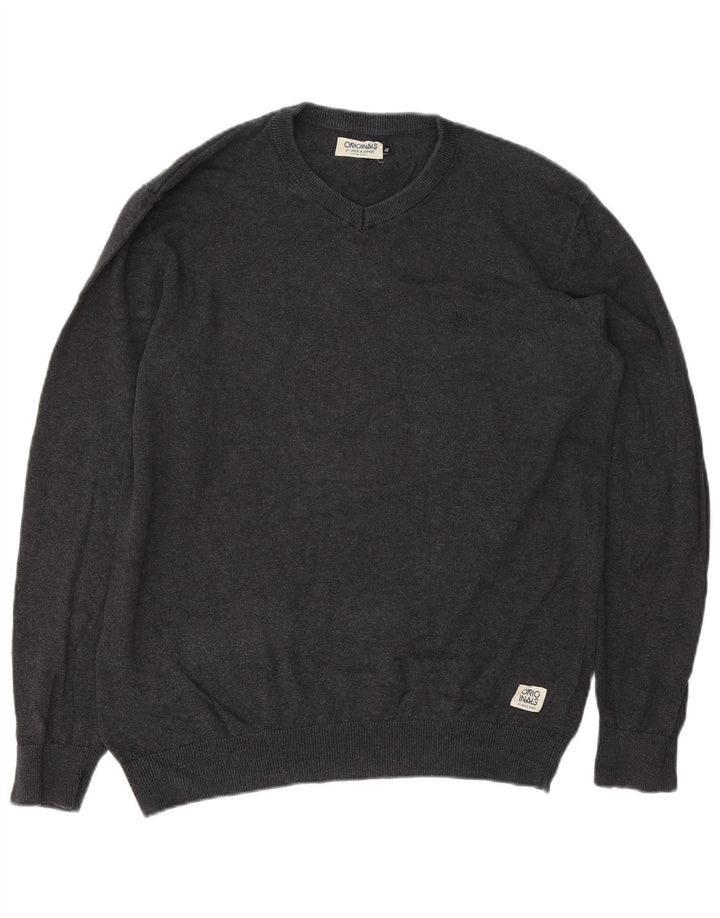 Jack & Jones Herren-Pullover mit V-Ausschnitt, XL, graue Baumwolle