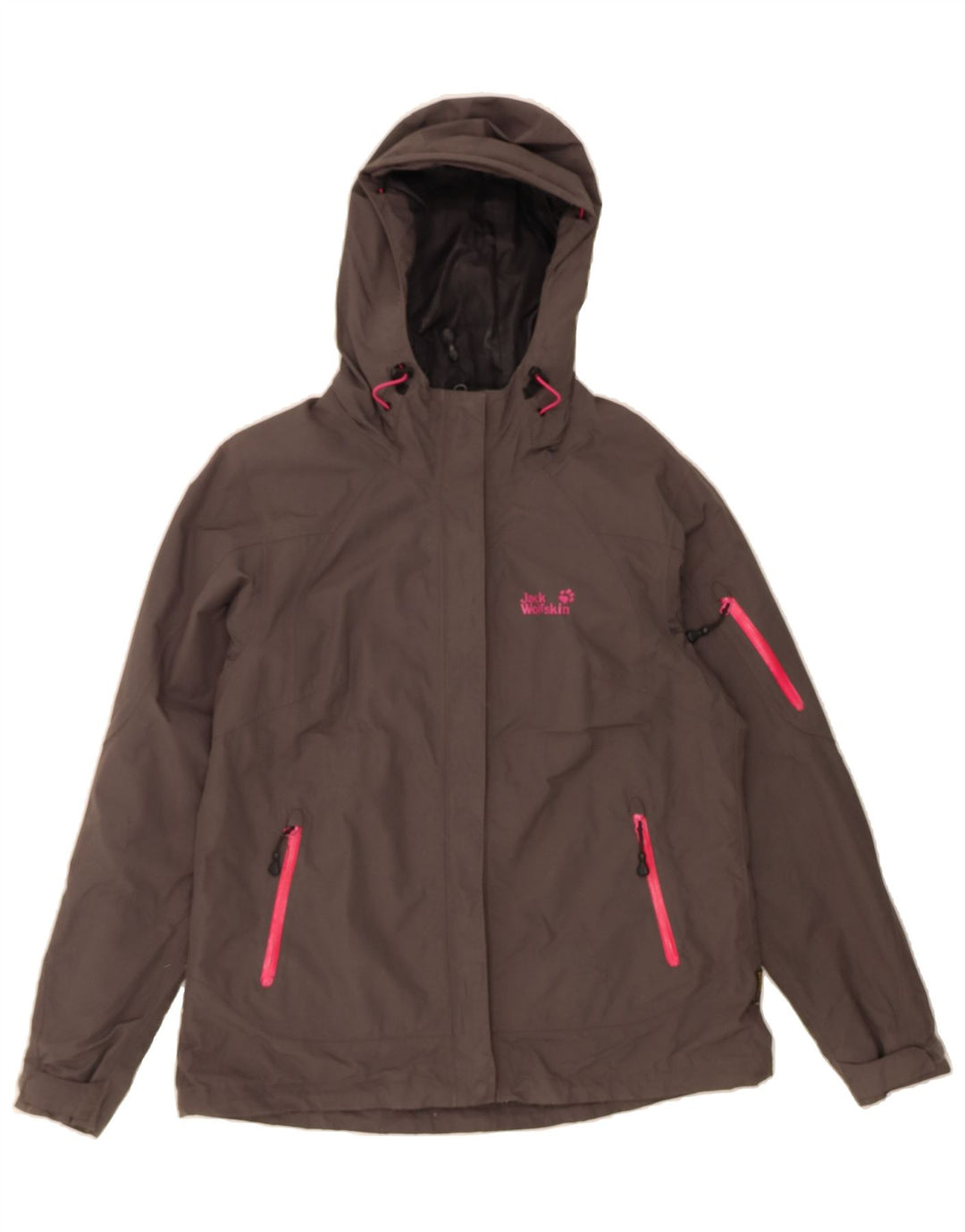 JACK WOLFSKIN Womens Hooded Rain Jacket UK 16 Large Grey Polyamide Vintage Jack Wolfskin and Second-Hand Jack Wolfskin from Messina Hembry 