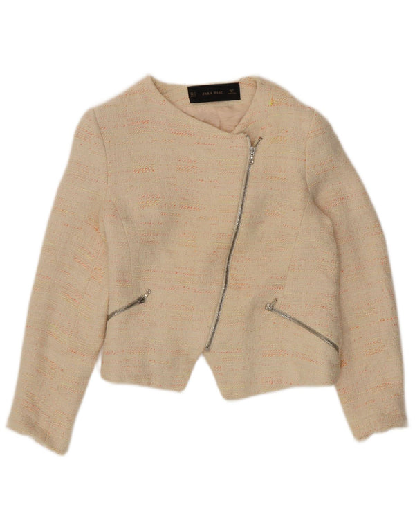Zara Damen Crop Blazer Jacke UK 12 Mittelbeige gefleckte Baumwolle