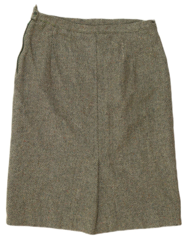 Vintage Damen gerader Rock UK 16 Large W32 Khaki Herringbone Wolle