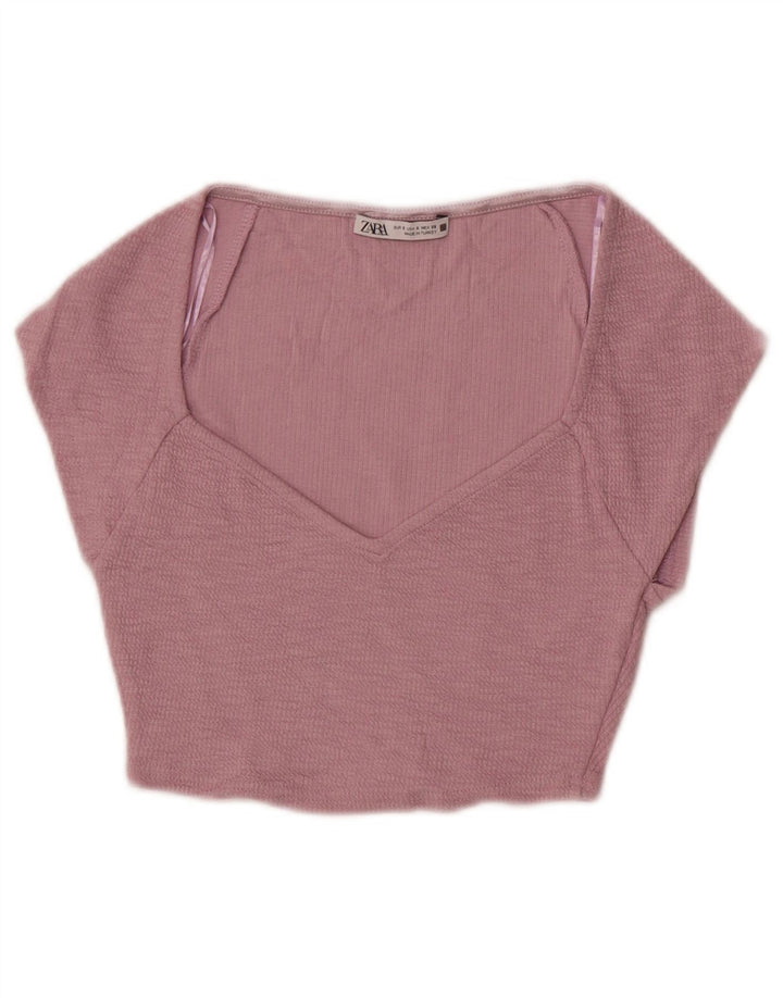 Zara Damen Crop Bluse Top UK 8 Small Lila Baumwolle
