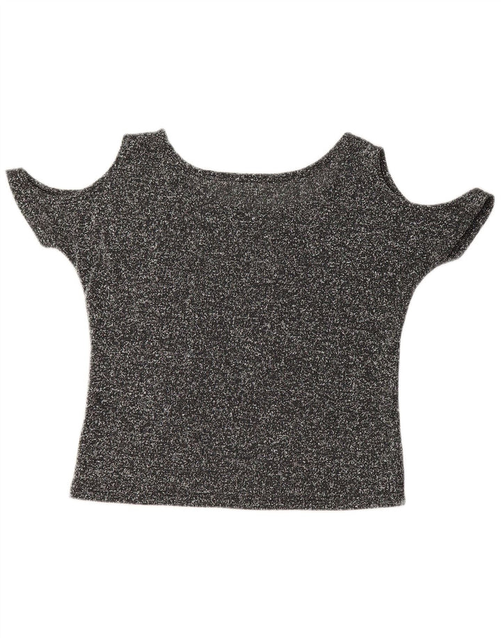VINTAGE Damen Crop Off Shoulder Top UK 12 Mittelgrau gefleckter Schmetterling