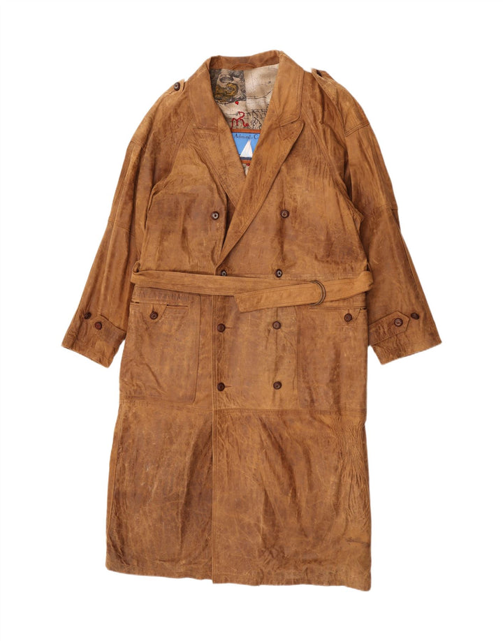 Vintage Herren Zweireihiger Ledermantel EU 48 Mittelbraunes Leder