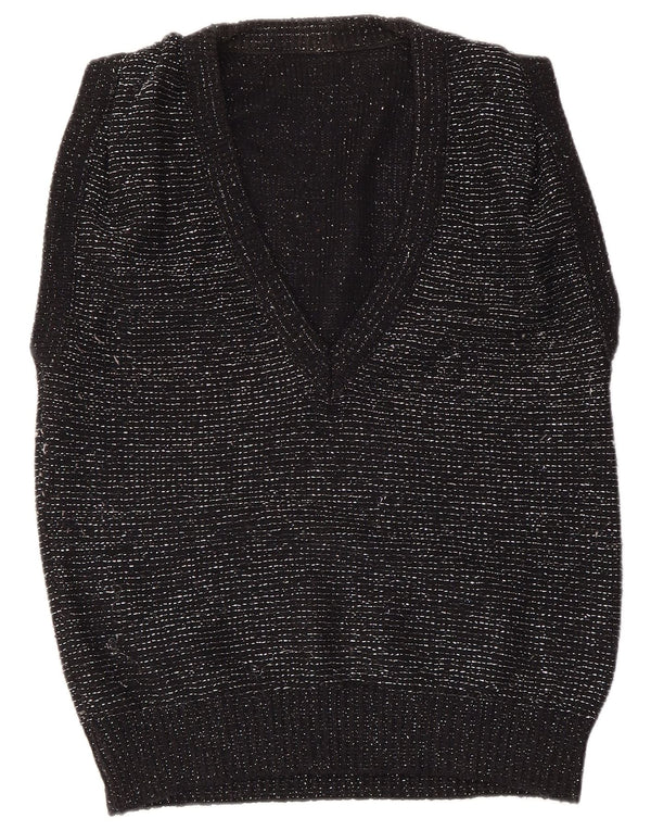 VINTAGE Damen Weste Tank Top EU 40/42 Medium Schwarz geflecktes Acryl